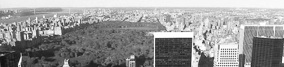 Aerial black-and-white view of Central Park framed by the Manhattan skyline